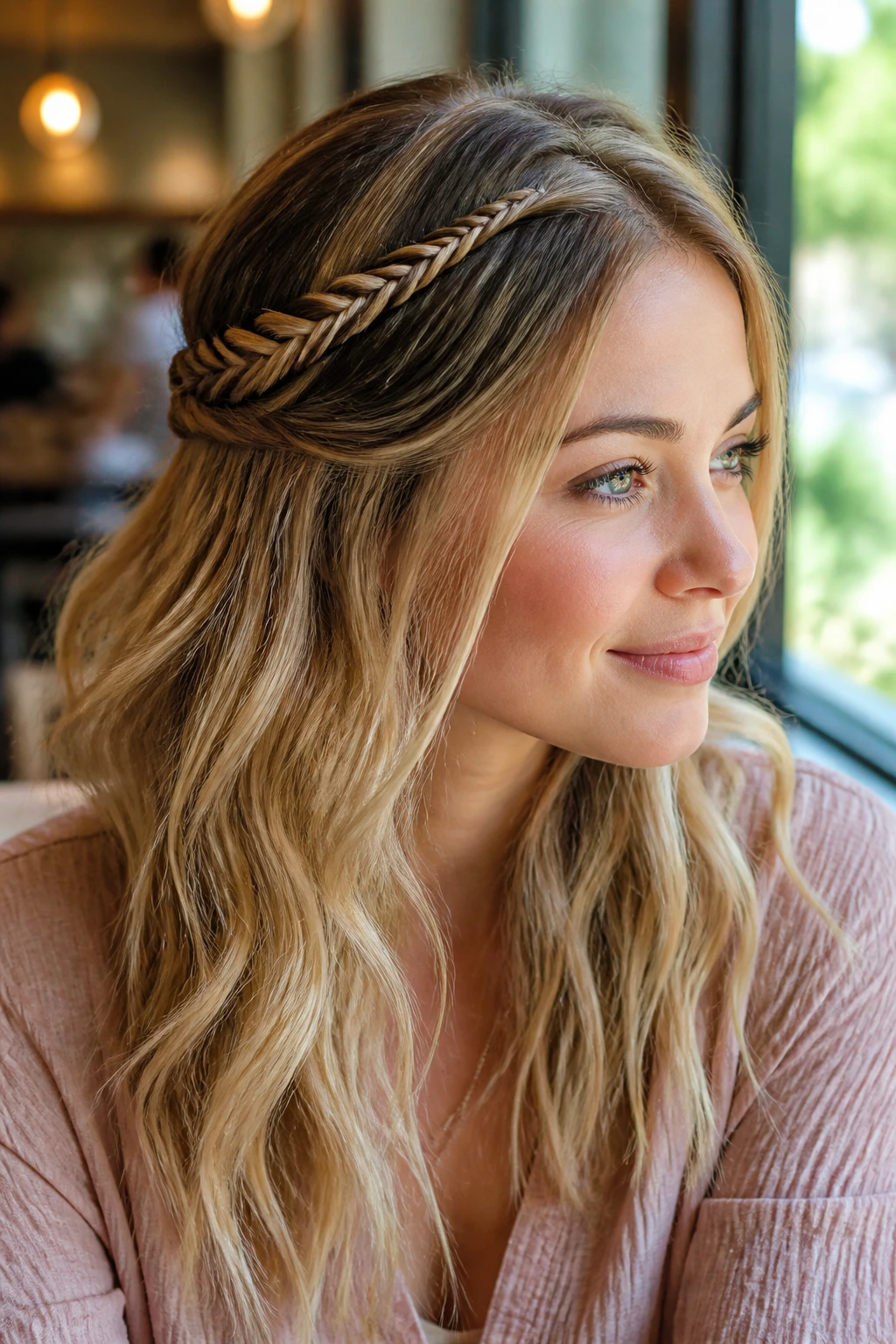 Close-up of a real woman with a half-up fishtail braid accent on top of loose waves.