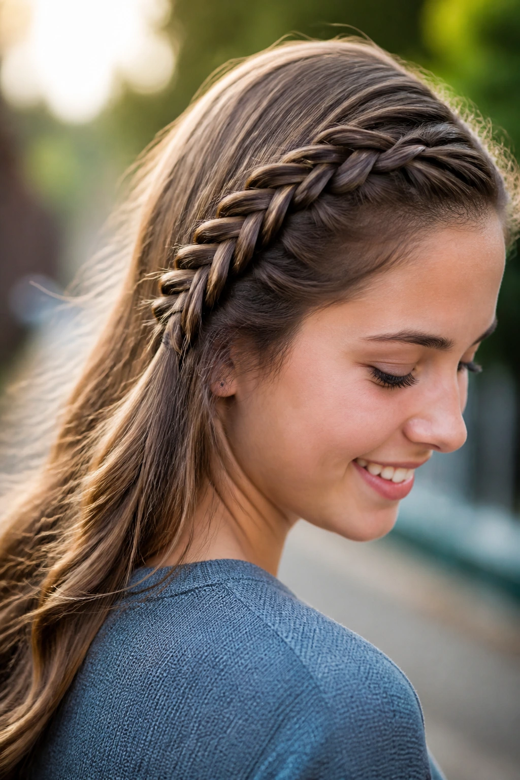 Close-up of a real person with a fishtail braid illusion