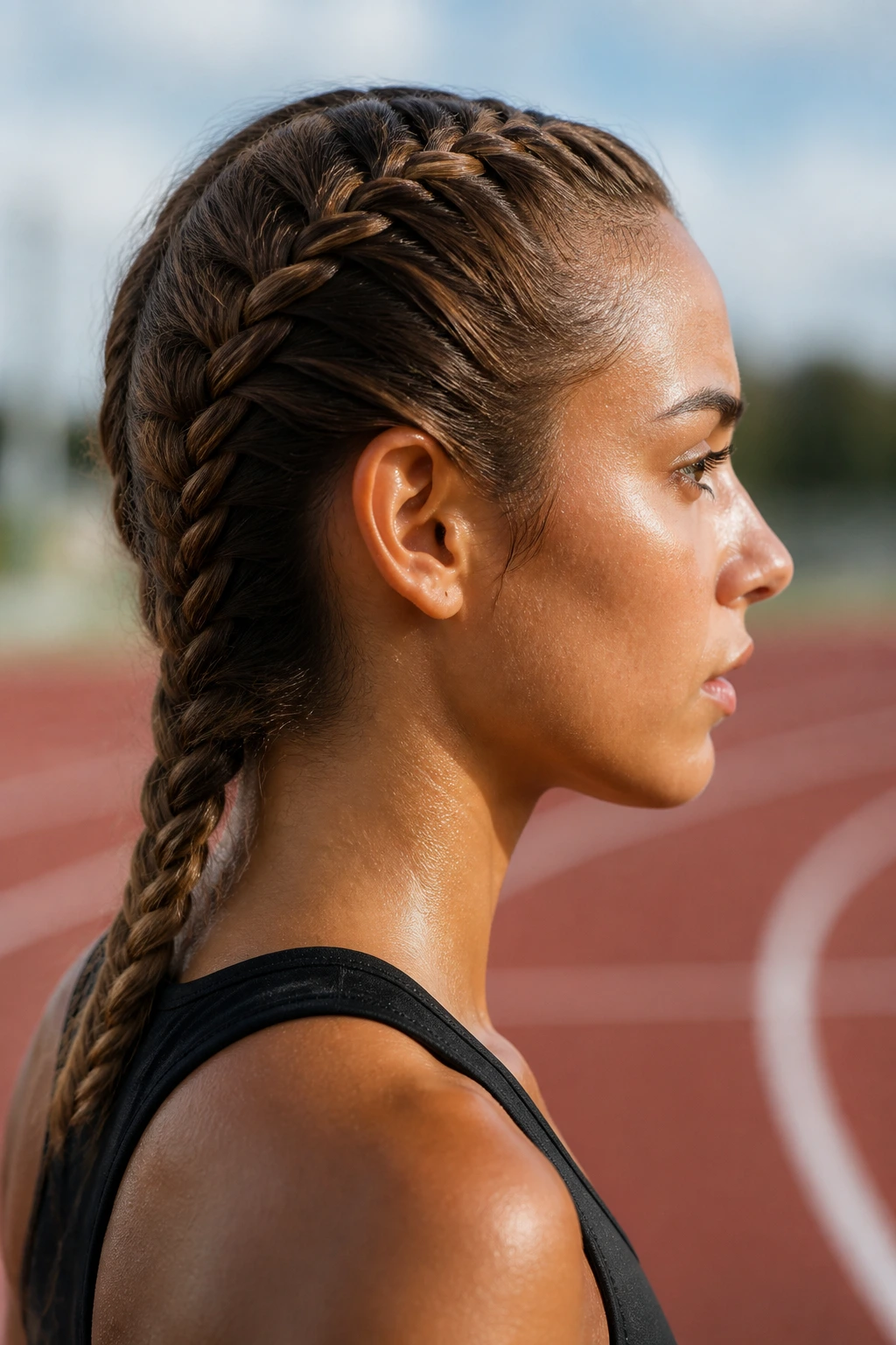 Side-profile of fishtail braid on a real woman outdoors