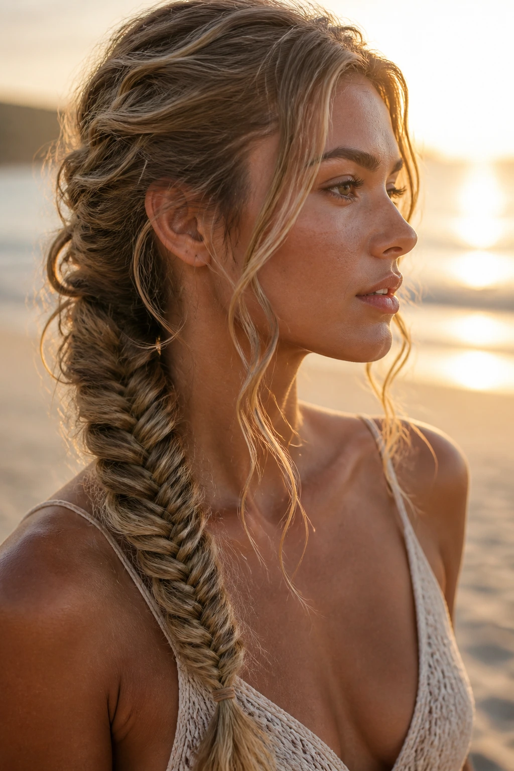 Fishtail braid with loose tendrils framing the face