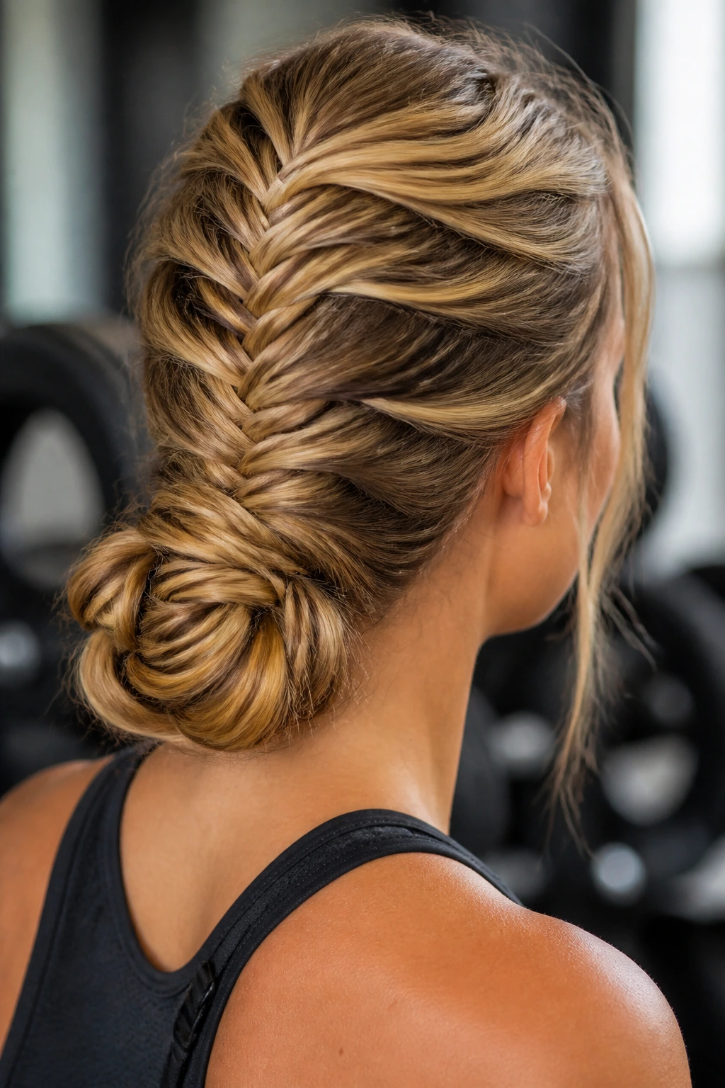 Close-up of fishtail braid forming a low bun at the nape