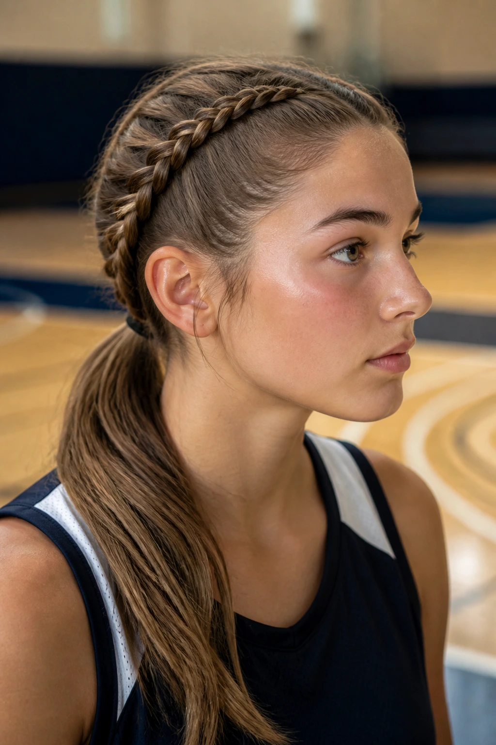 Close-up of a real student athlete with a fishtail braid into a low pony.