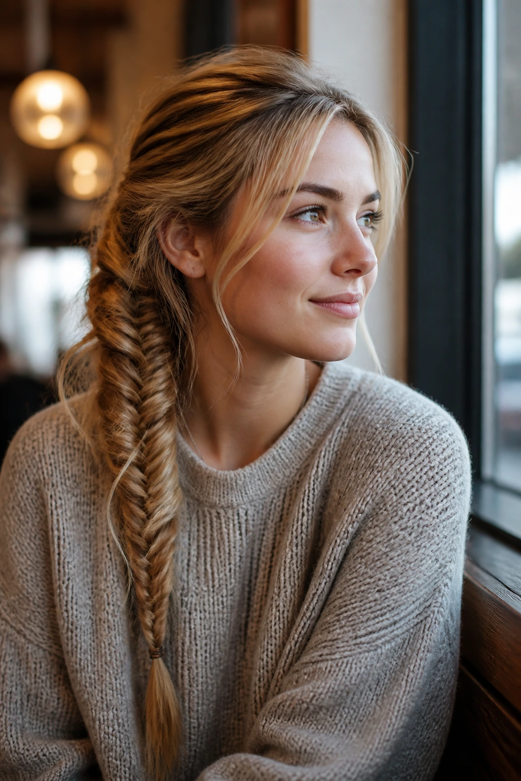 Close-up of a real person with a messy fishtail braid on the side