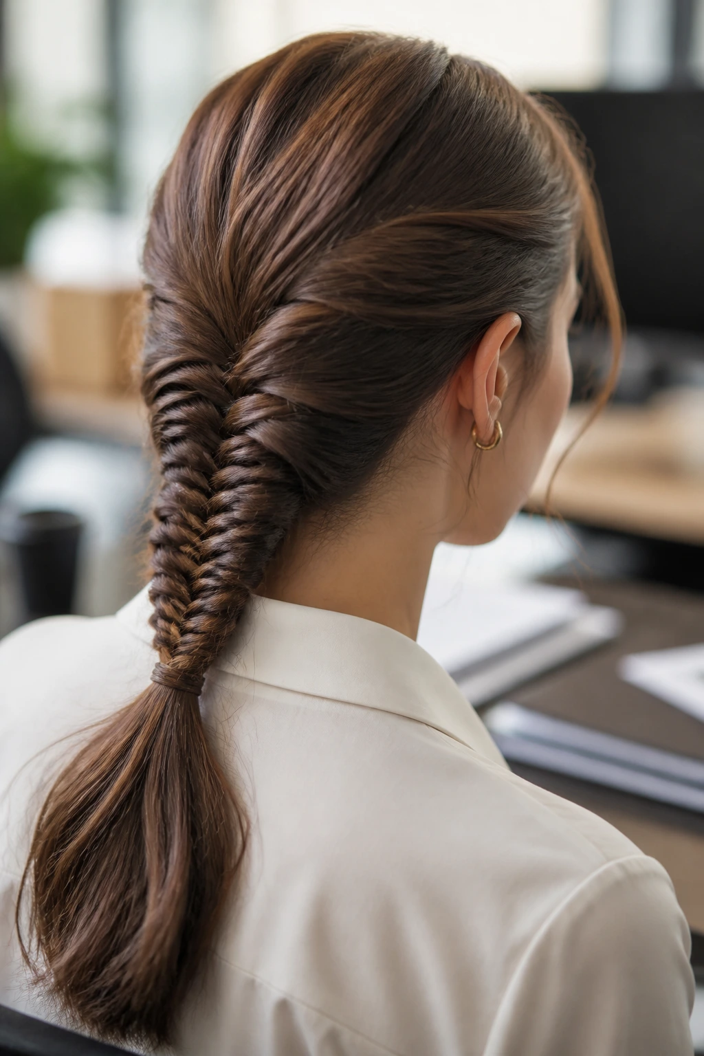 Close-up of a real woman with a neat fishtail braid in an office setting