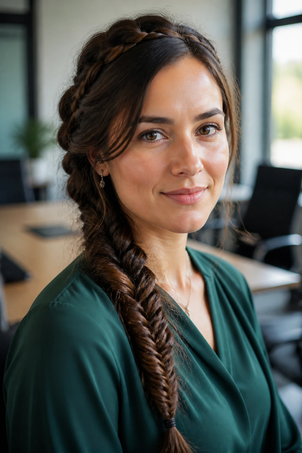 Close-up of a woman with a side-swept fishtail braid in an office setting