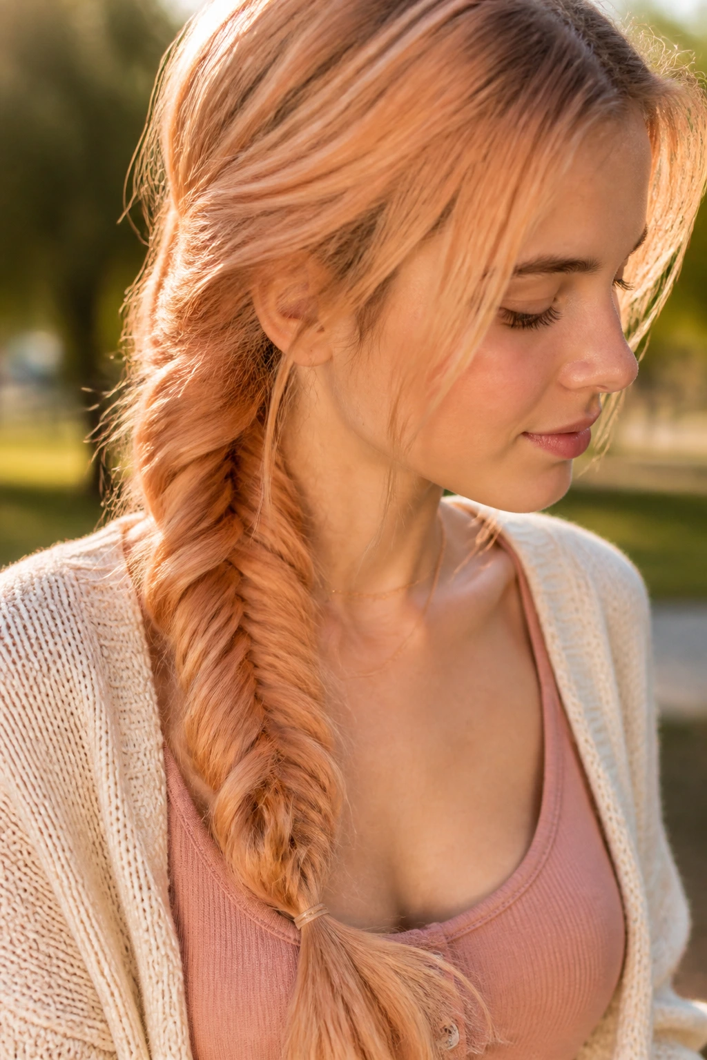 Portrait of real woman with loose fishtail braid in a park