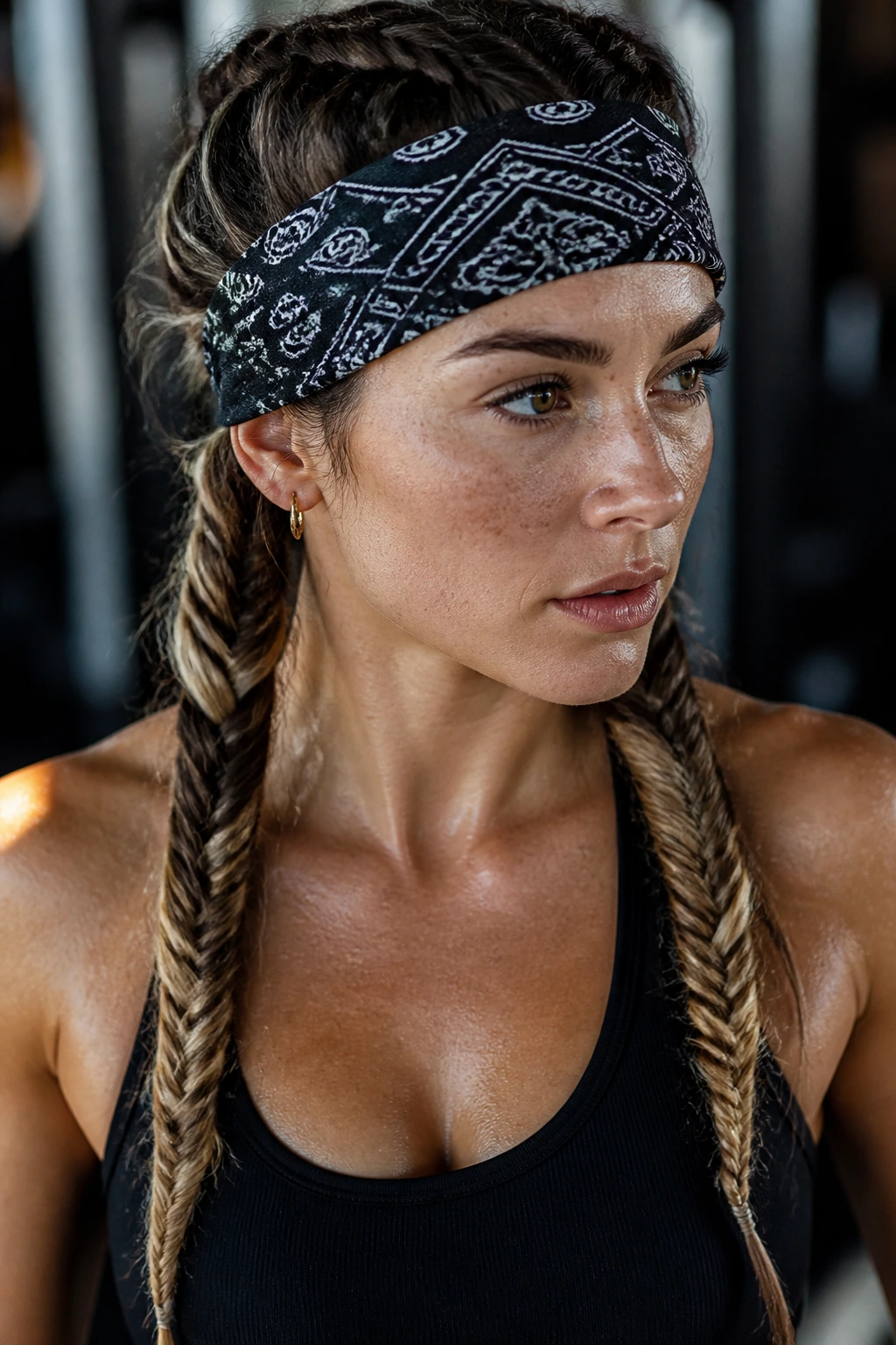 Close-up of fishtail braid pigtails with bandana headband during workout