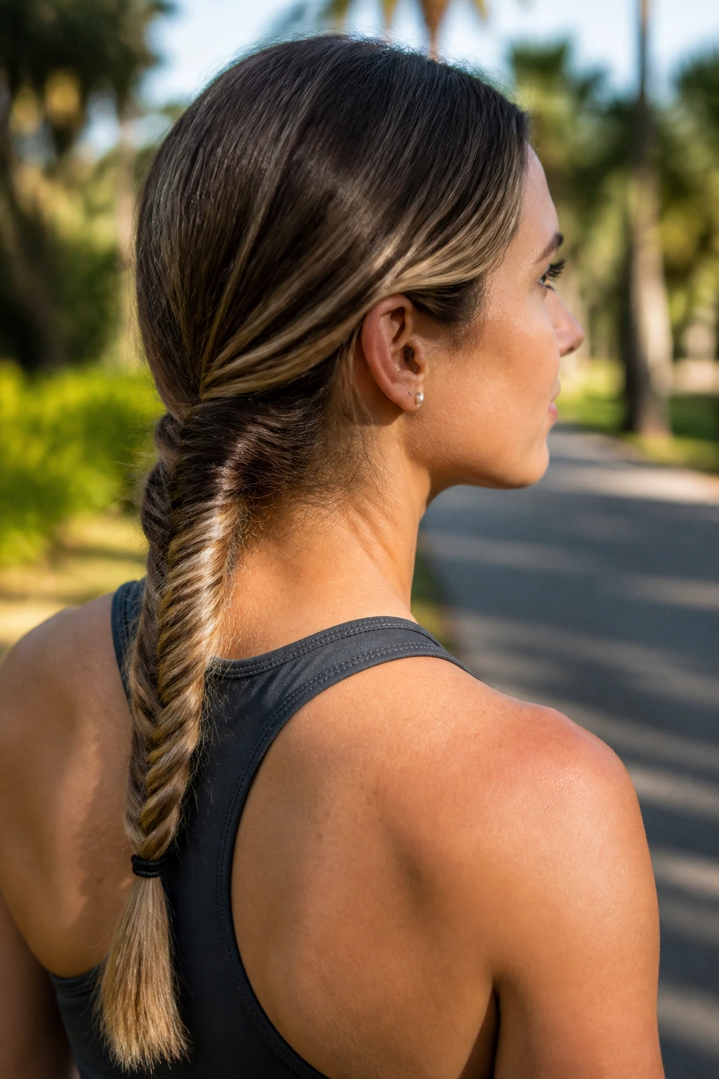 Close-up of a real woman with a low fishtail braid