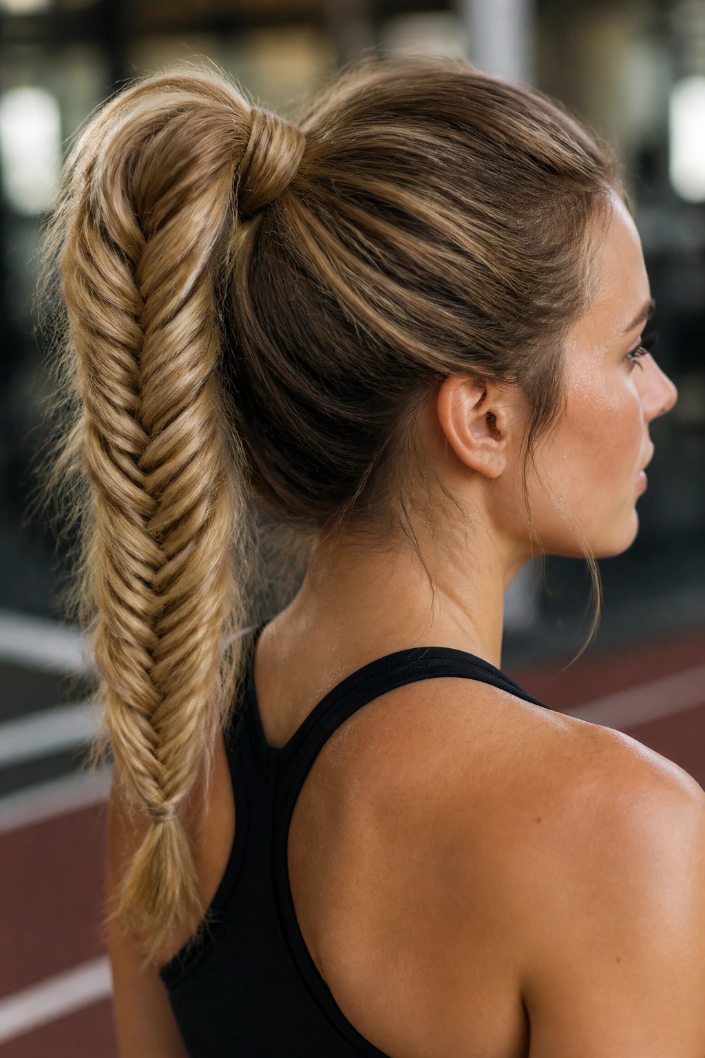Real person with a high fishtail ponytail, workout-ready hairstyle.