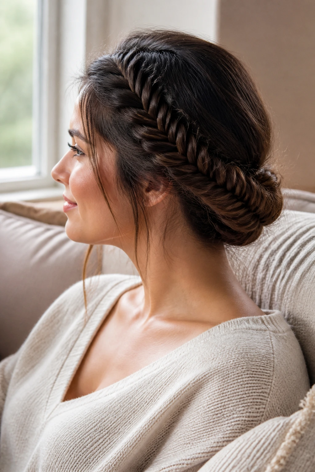 Close-up of a real woman with a wrapped fishtail braid at the back of the head in natural light