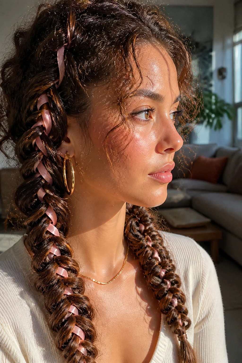 Close-up of a real woman with ribbon-inlaid fishtail braids in curly hair