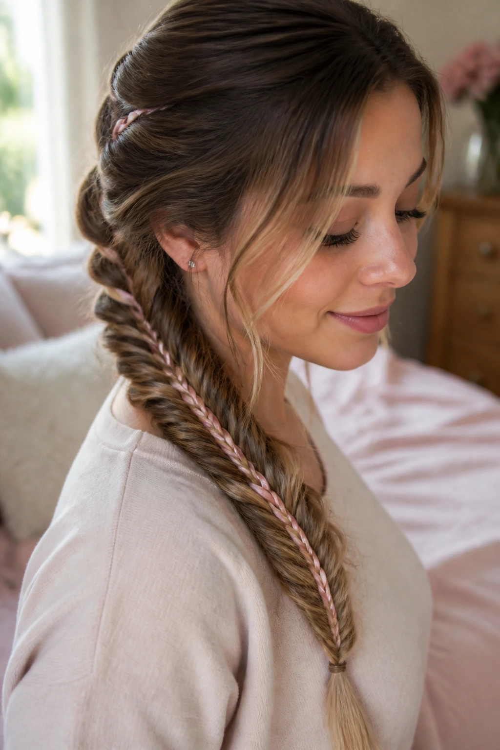 Close-up of a real woman's head with a fishtail braid and thin satin ribbon accent in natural light