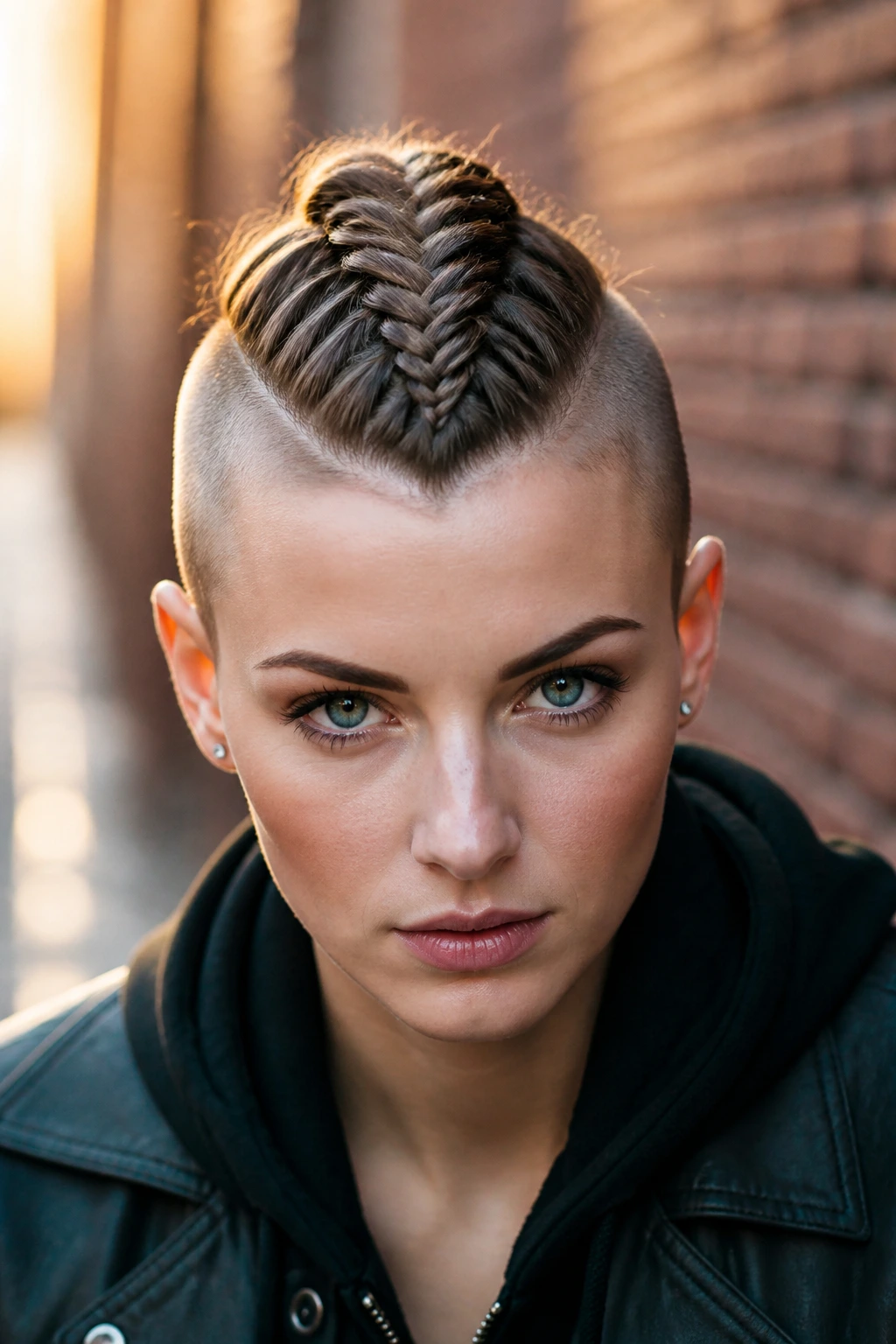 Close-up of a real person with a central fishtail braid and shaved sides in an urban setting