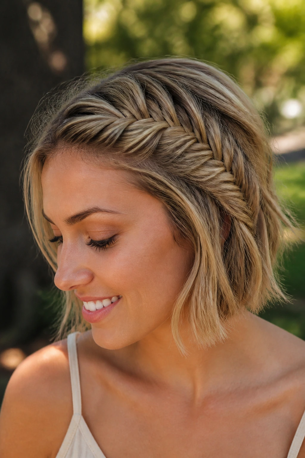 Close-up of short-hair fishtail braid with clear herringbone pattern in natural daylight