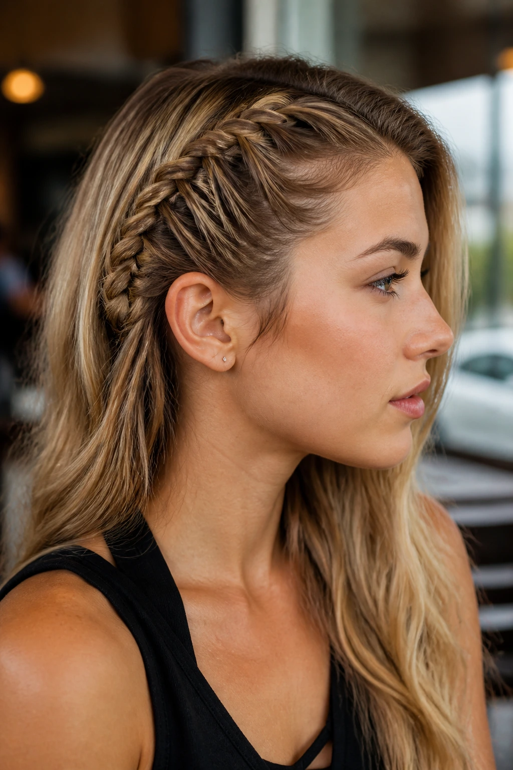 Side-profile of a real woman with a fishtail accent side-braid