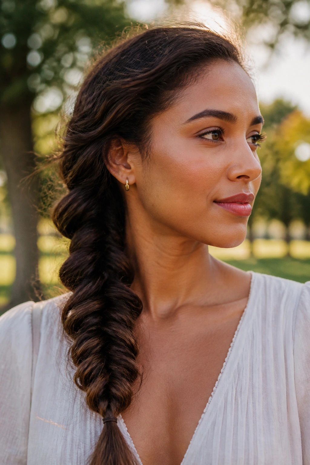 Close-up of a real woman with a low-slung side fishtail braid