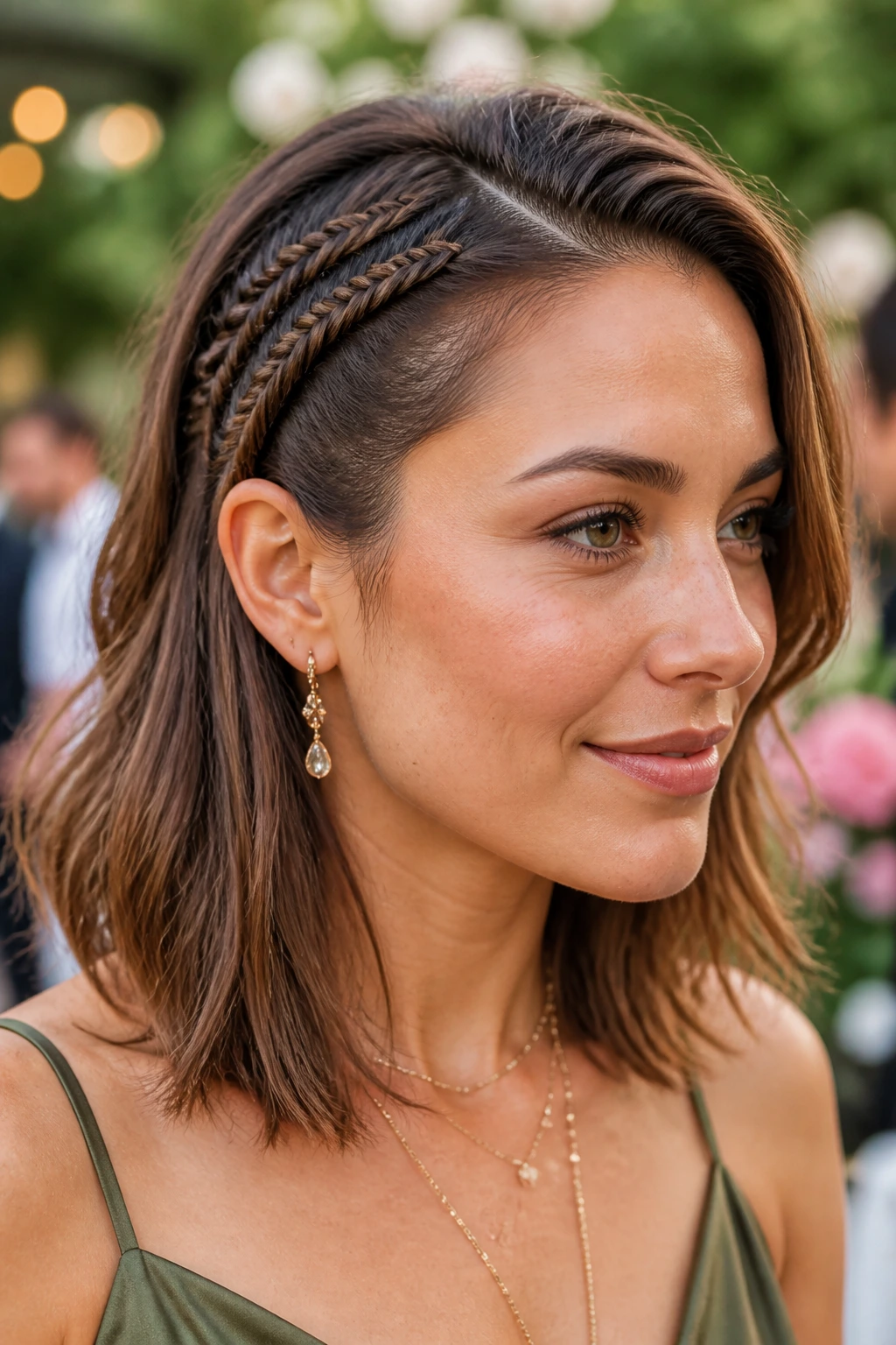 Close-up portrait of a real woman with two thin fishtail braids on one side