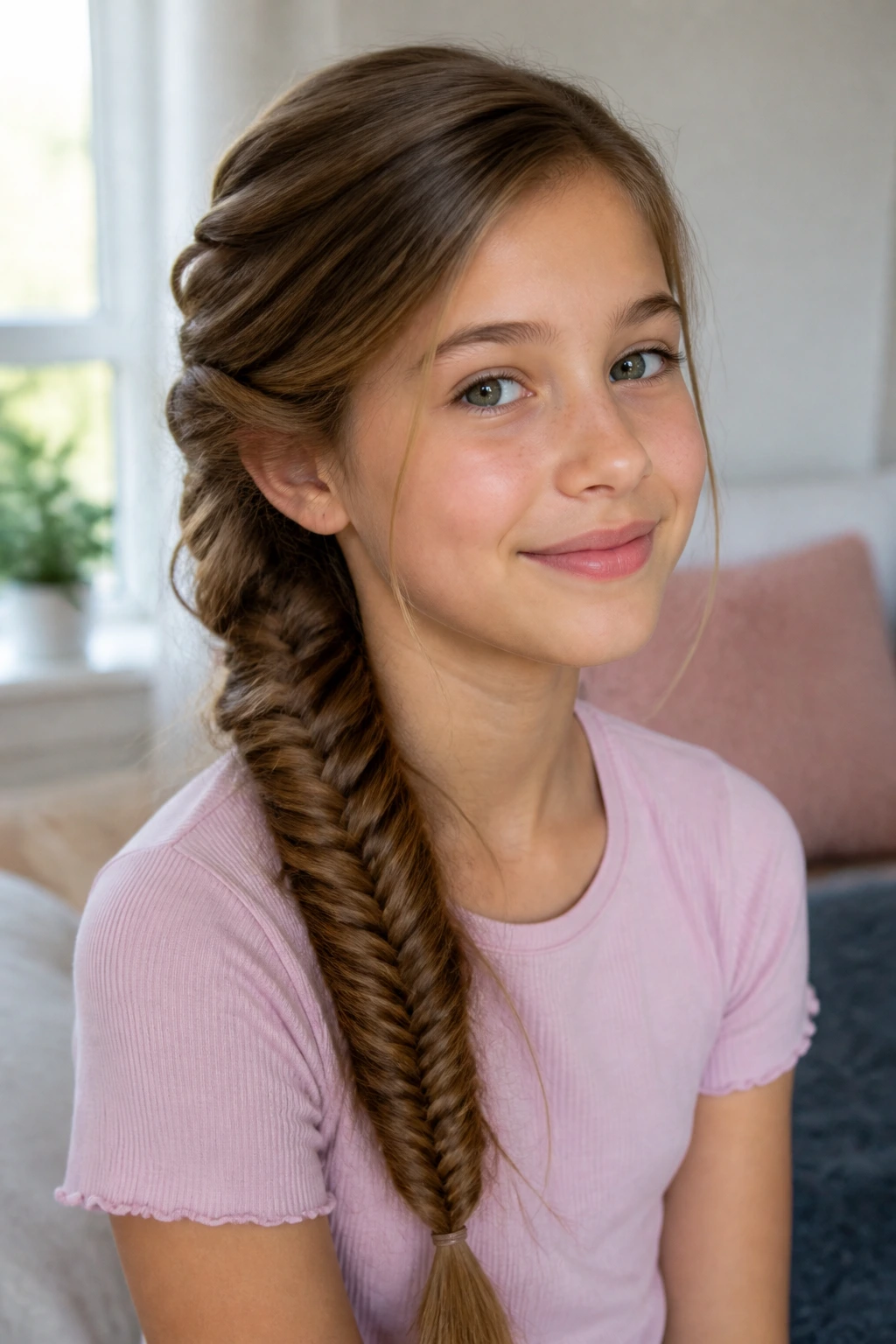 Close-up of a real girl with a fishtail side braid in natural window light