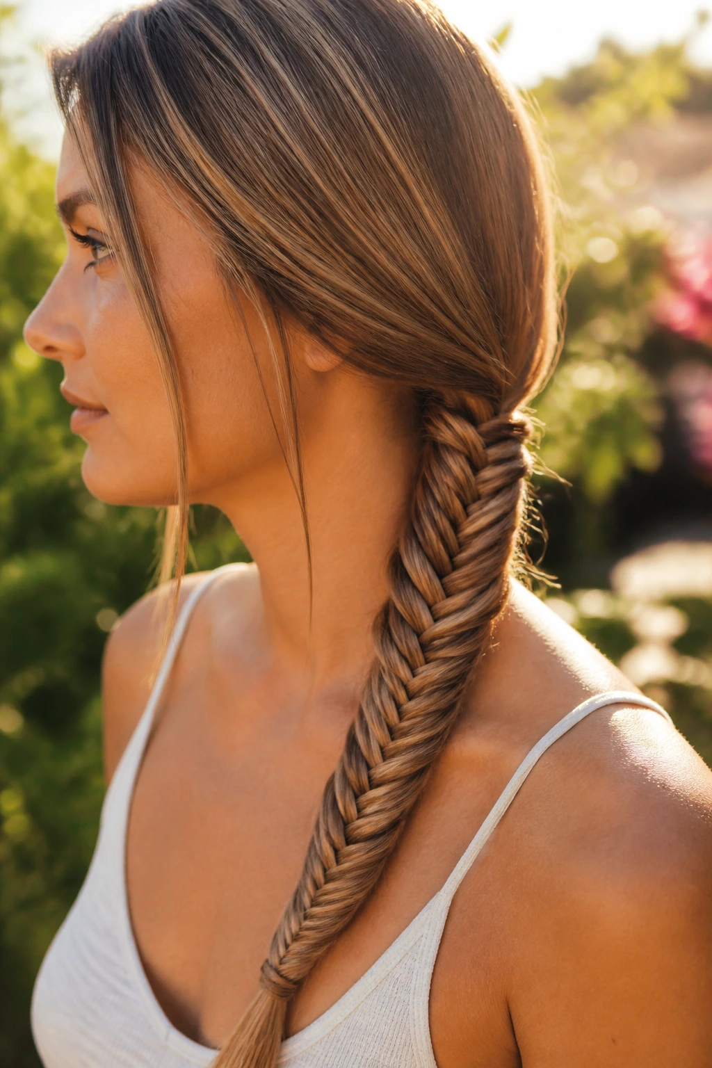 Close-up of a woman with a fishtail braid in a sunlit setting