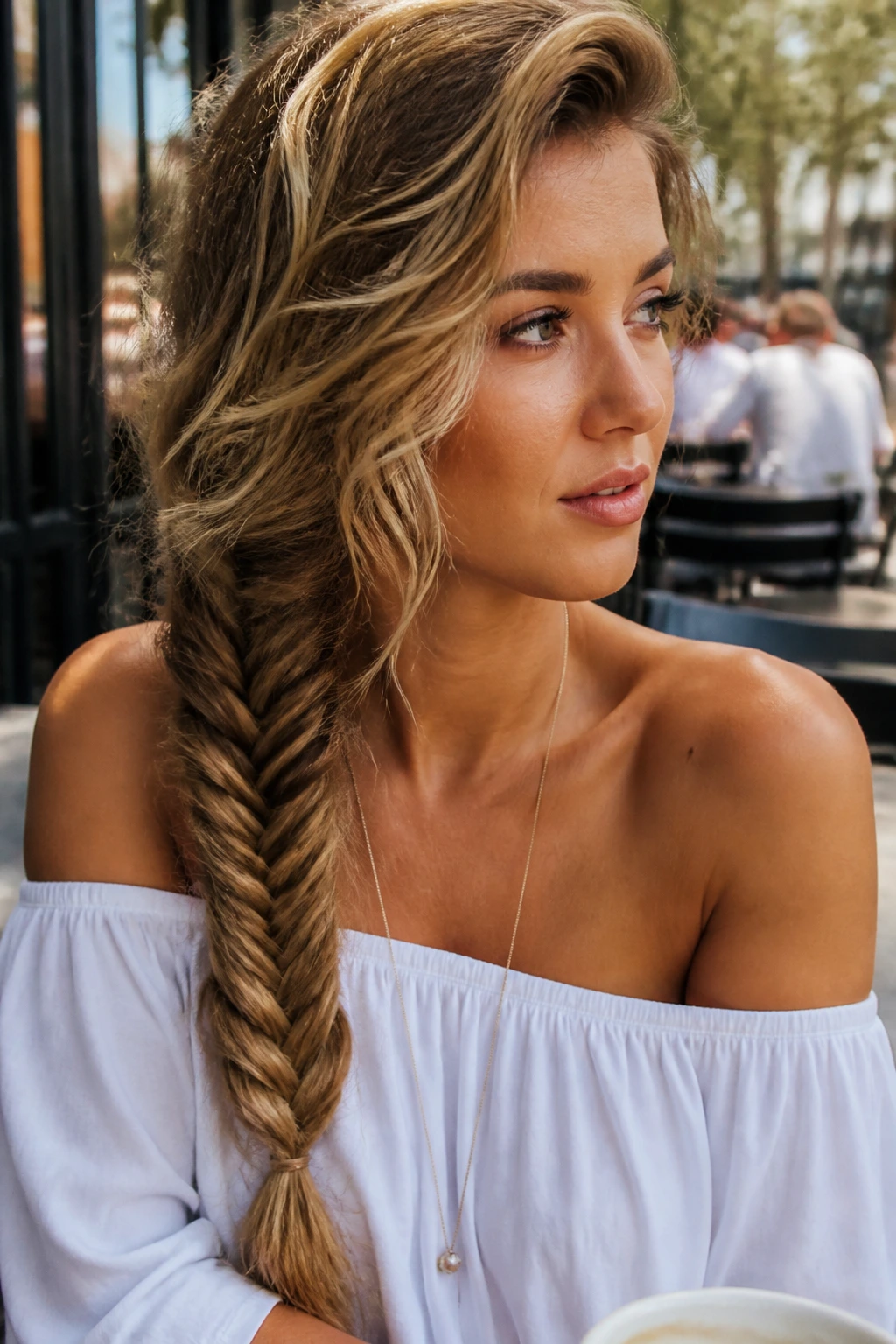 Real woman with side-swept fishtail braid outdoors
