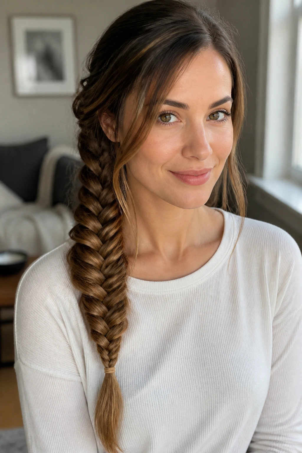 Close-up of a real woman with a side-swept fishtail braid over her shoulder in natural light