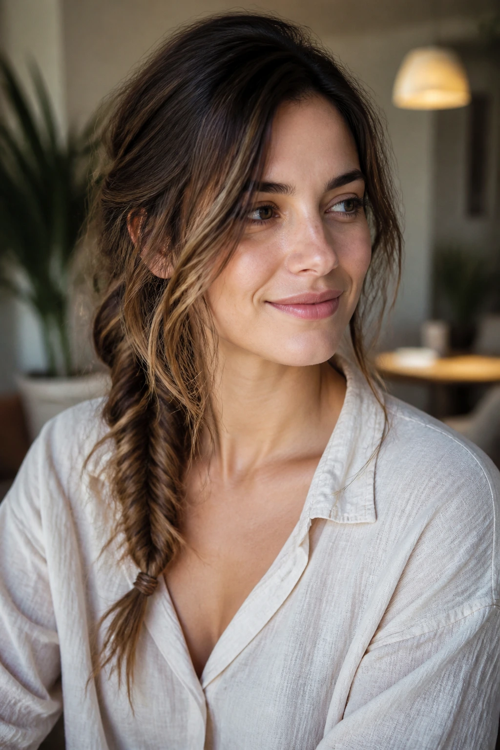 Close-up of a real woman with a messy side-swept fishtail braid