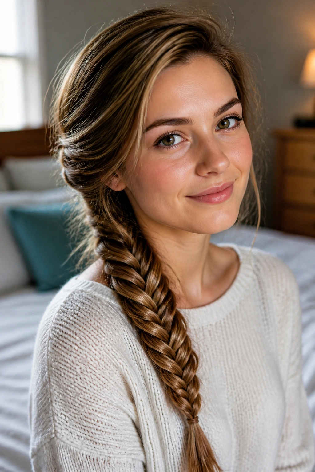 Close-up portrait of a woman with a side-swept fishtail braid over her shoulder