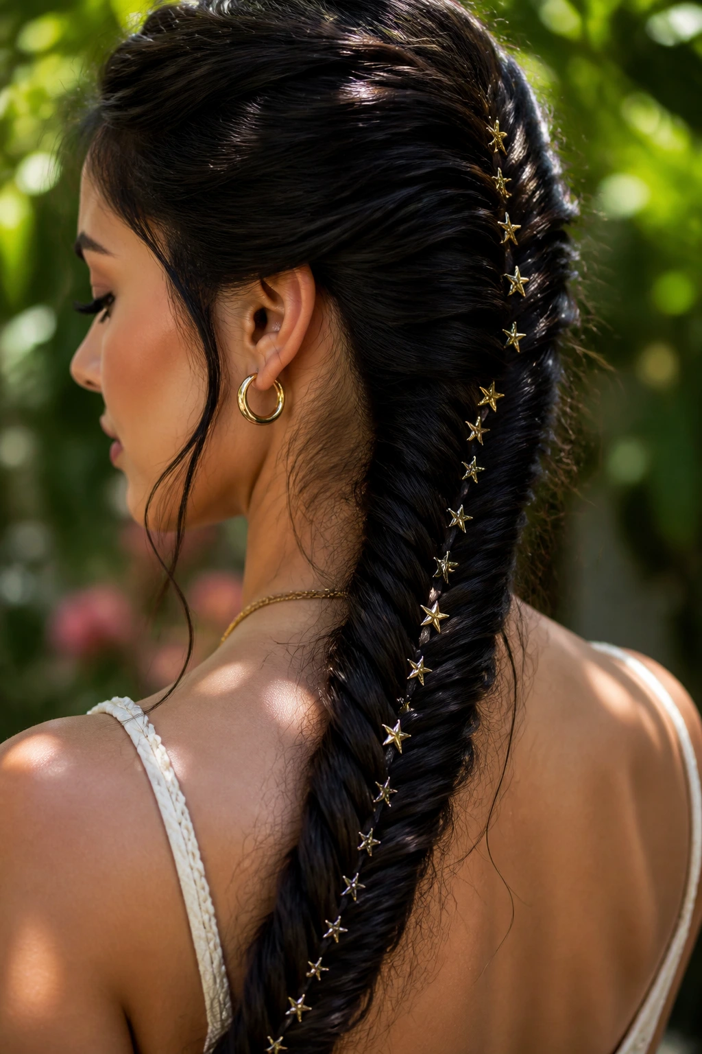 Close-up of a real woman with a fishtail braid and star pins in garden light