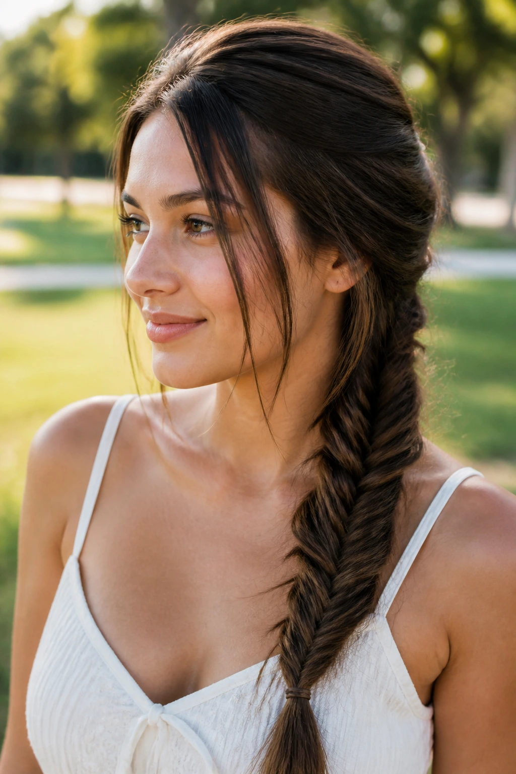 Real woman with a detailed fishtail braid on long straight hair in an outdoor park.