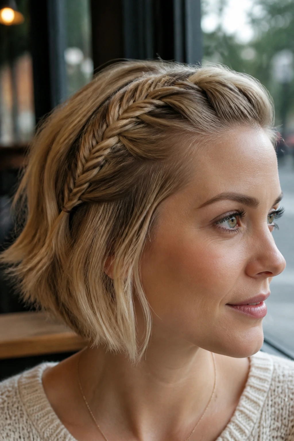 Close-up of a real woman with a fishtail accent braid at the temple.