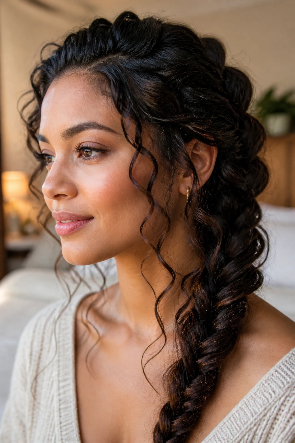 Close-up of a real woman with a fishtail braid and loose tendrils around ears in soft window light