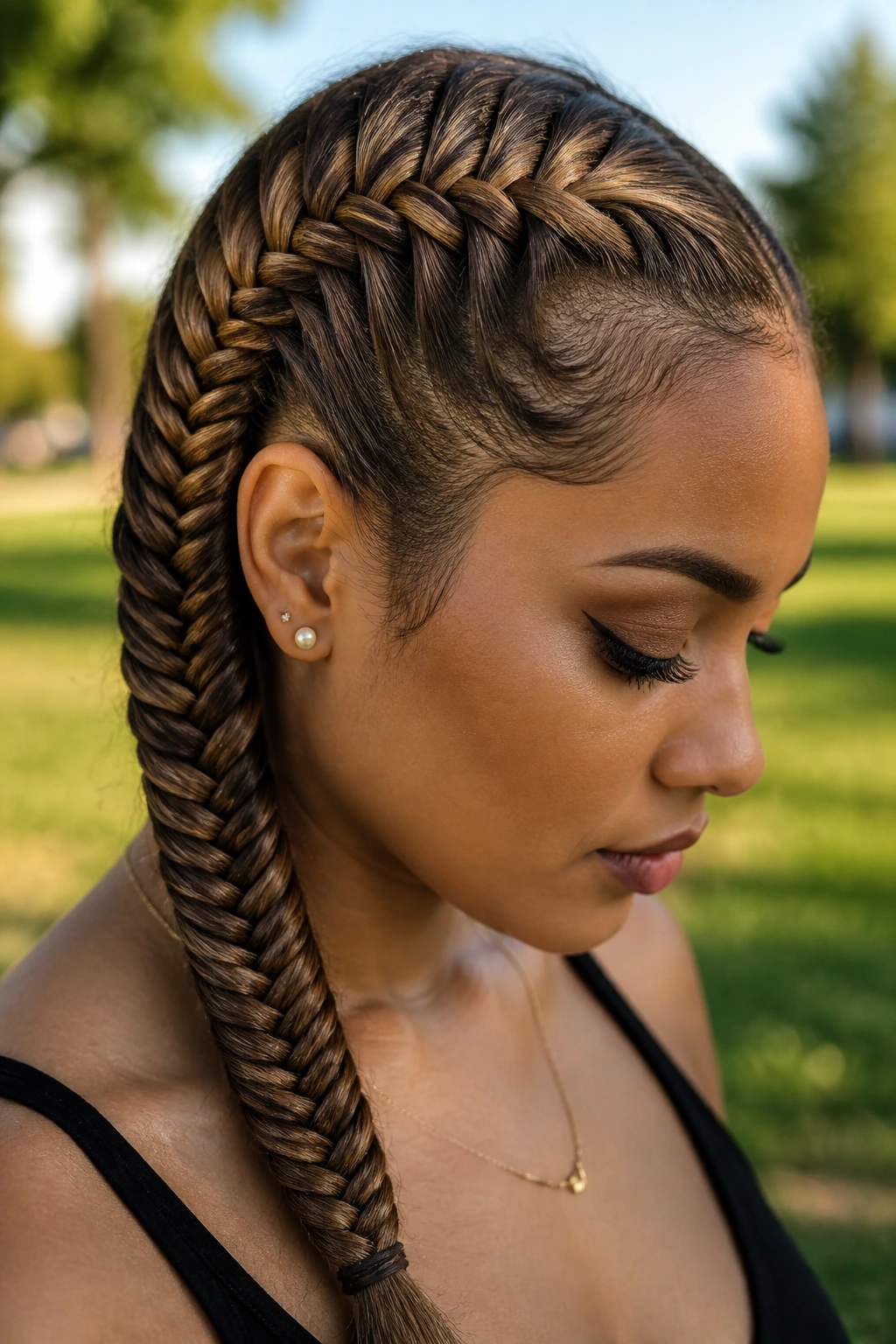 Close-up of a real person with a tight fishtail braid along the head.