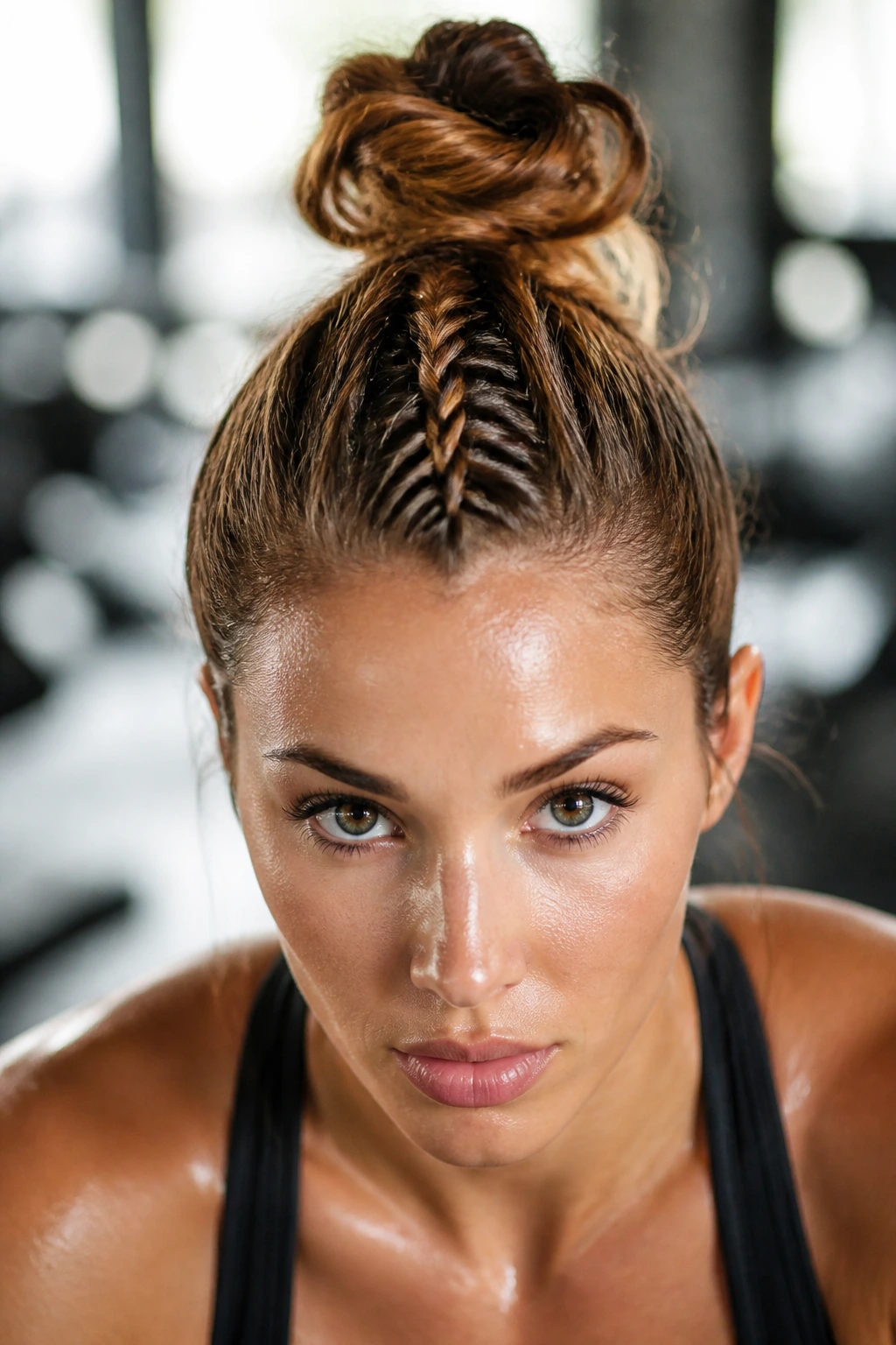 Real person with a fishtail accent braid leading to a topknot