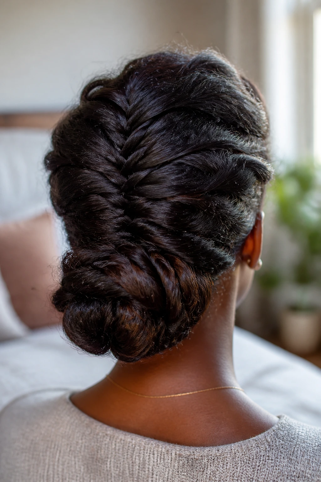 Back view of a real woman with a fishtail braid updo in warm light
