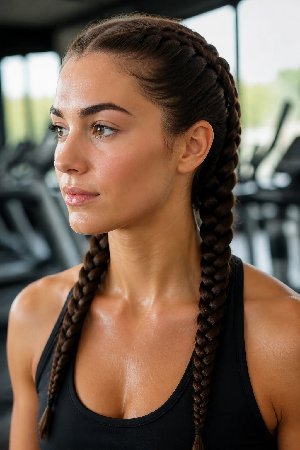 Close-up of a real woman with two tight fishtail braids during workout.