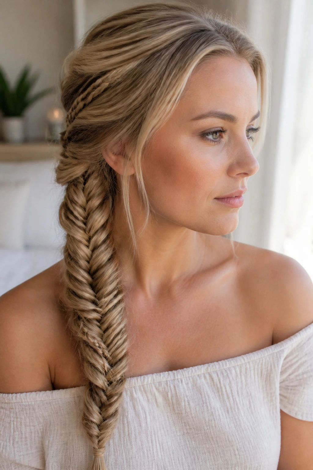 Real woman showing a fishtail braid with a wrapped braided accent around the base.