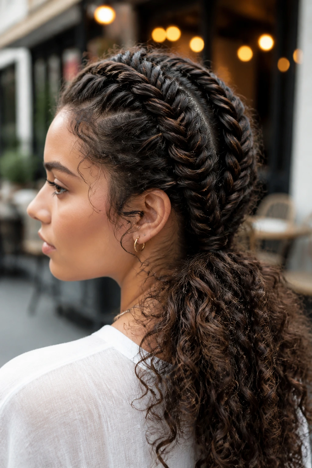 Real woman with two fishtail braids on curly hair