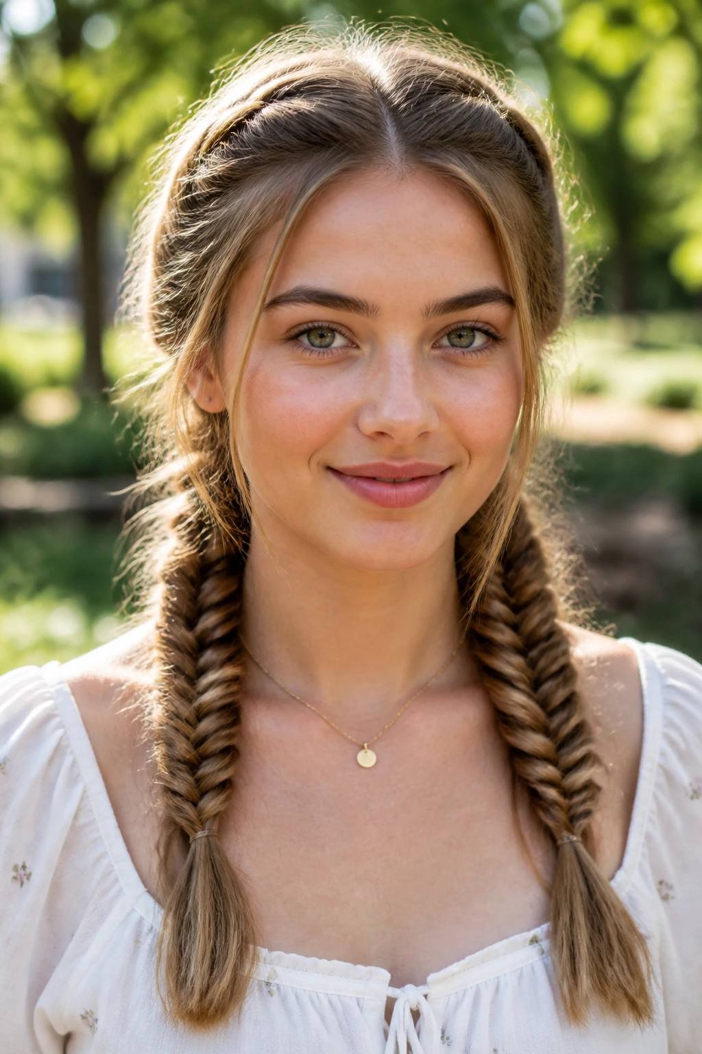 Close-up of a real woman with two fishtail braids as pigtails on a sunny day.