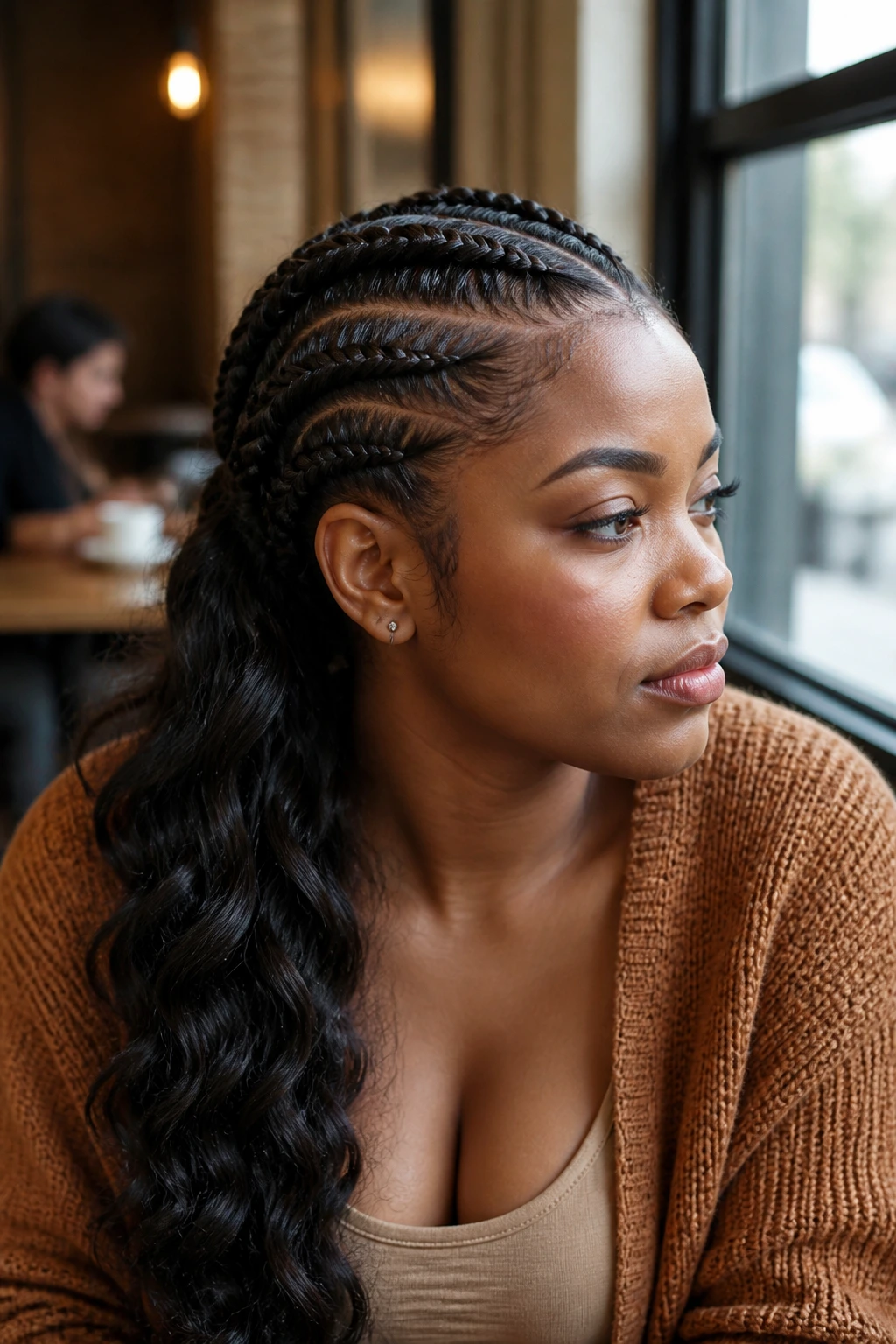 Medium close-up of a woman with a crown fishtail braid in a café setting.