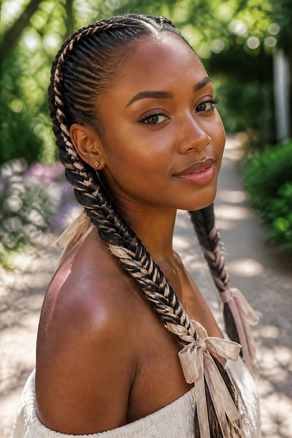 Close-up of fishtail braids with ribbon tassels on a real woman's head