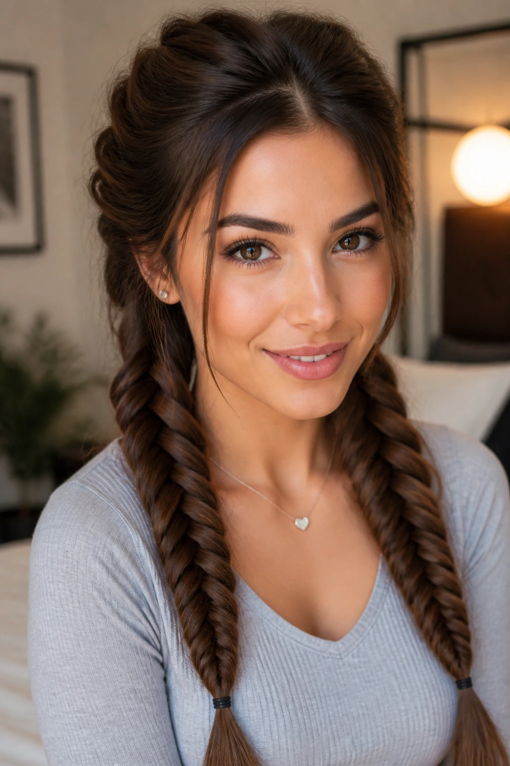 Close-up of a real person with fishtail braids and volume-boosted crown