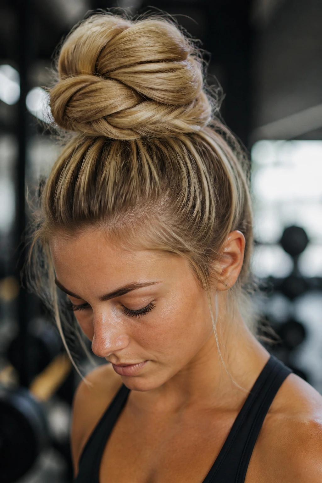 Close-up of a person with a fishtail braided ponytail wrapped into a high bun