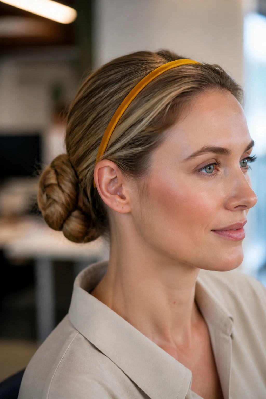 Back view of a real woman with fishtail braid bun and ochre velvet headband