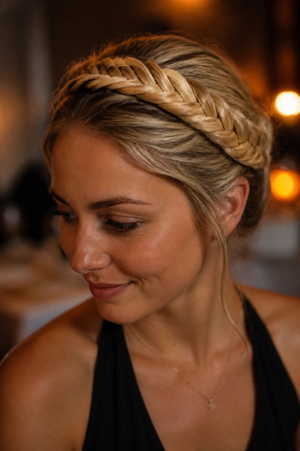 Close-up of a real woman with a wrapped fishtail circlet around the crown