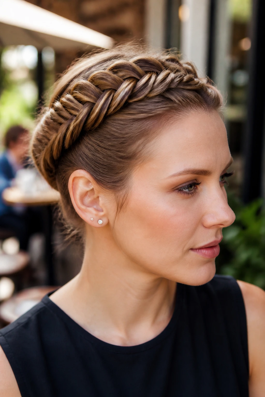 Profile view of a real woman with a fishtail crown braid