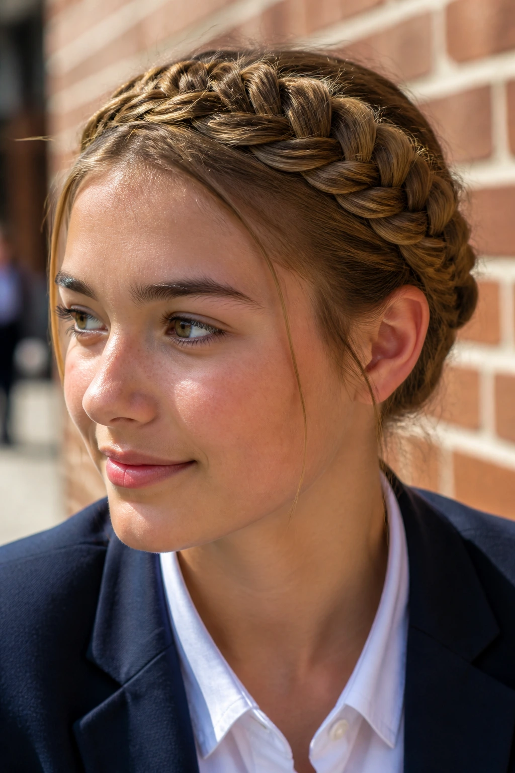 Close-up of a real student wearing a fishtail crown braid