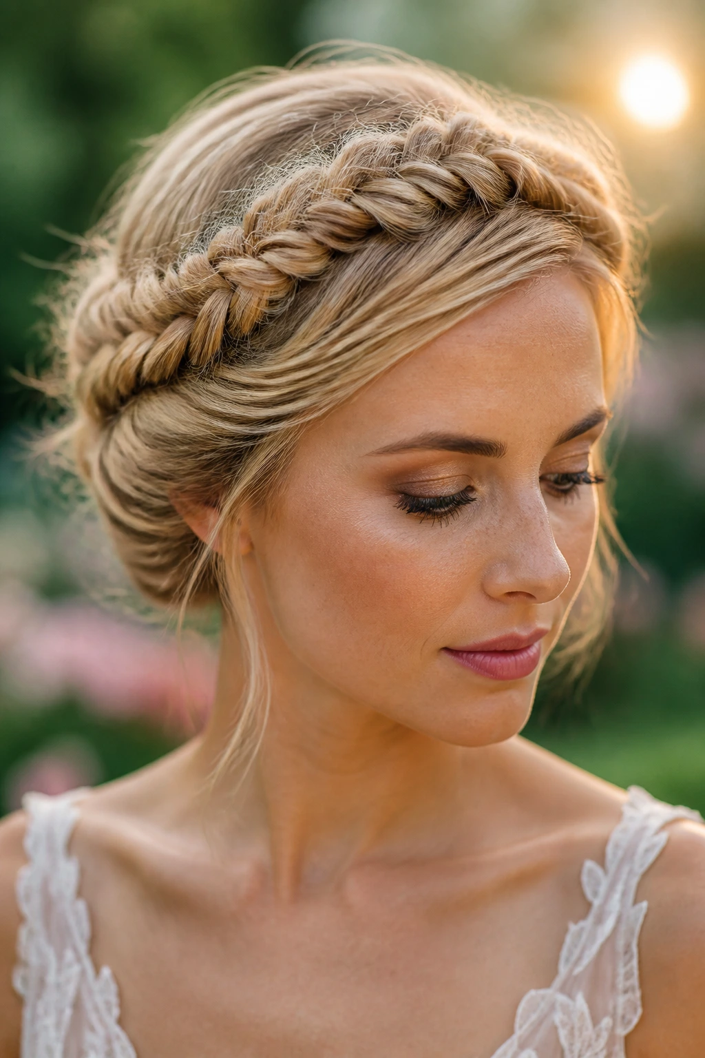 Close-up of a real woman with a fishtail crown braid