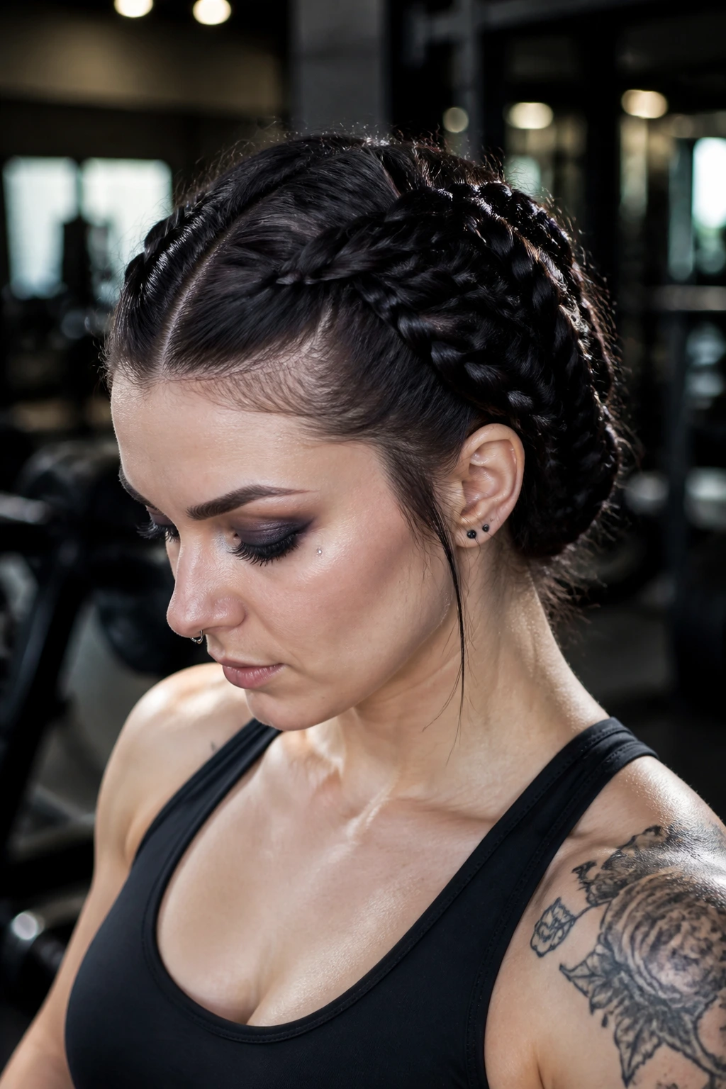 Close-up of a real person with double fishtail crown braids during workout