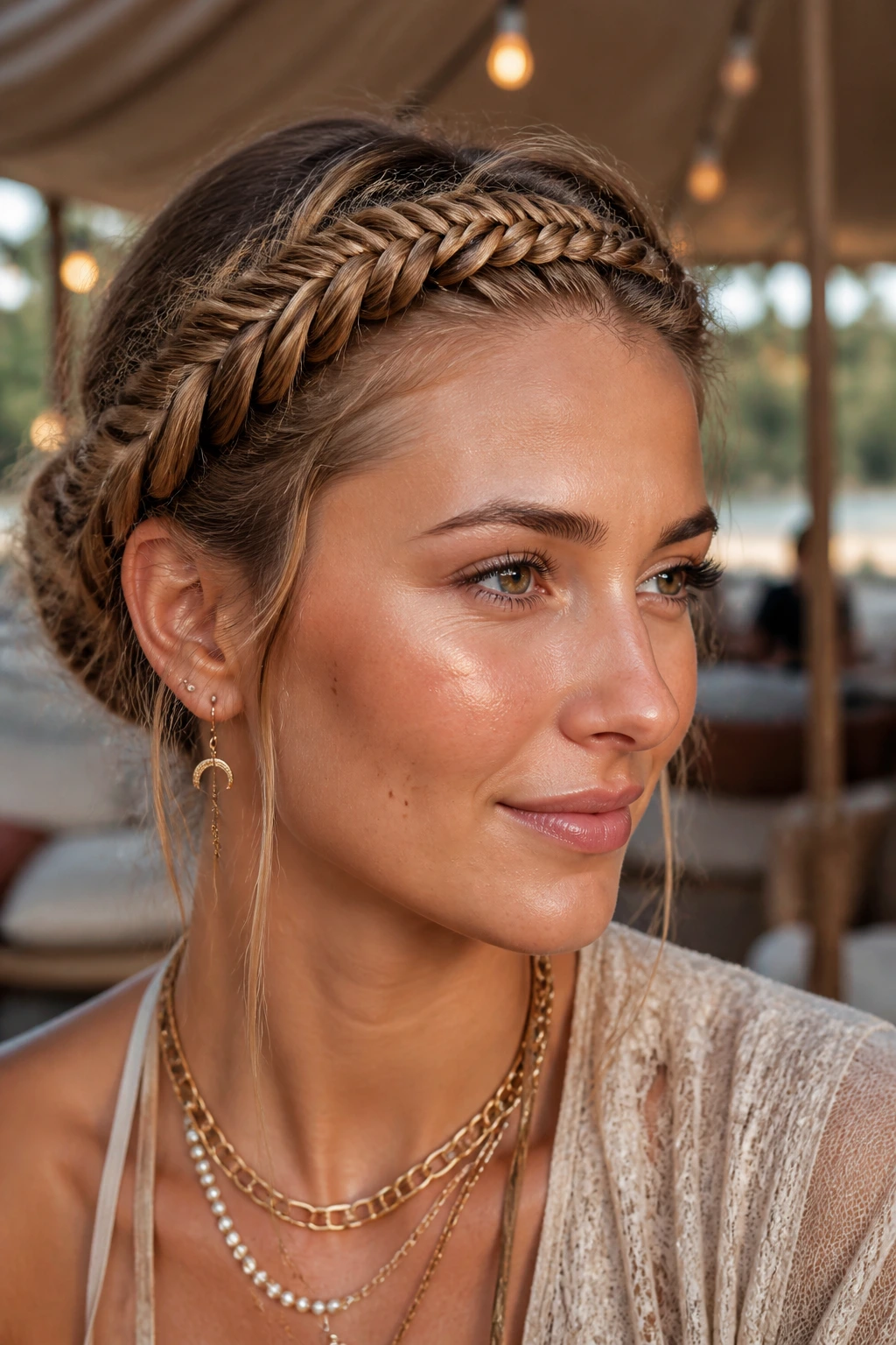 Close-up of fishtail crown braid on real woman in outdoor lounge