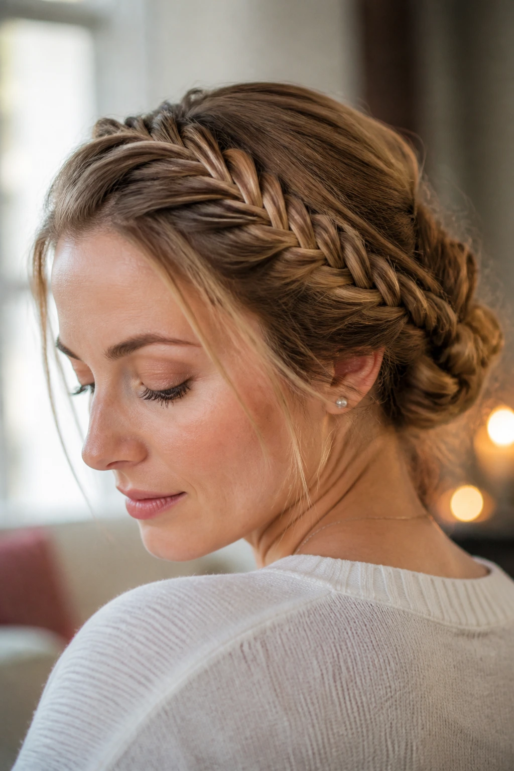 Close-up of a real woman with a fishtail crown updo along the hairline.